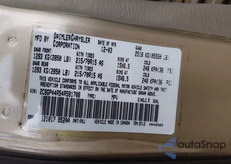 2004 Chrysler Town & Country Lx z USA, uszkodzony, nr VIN 2C8GP44R54R591706